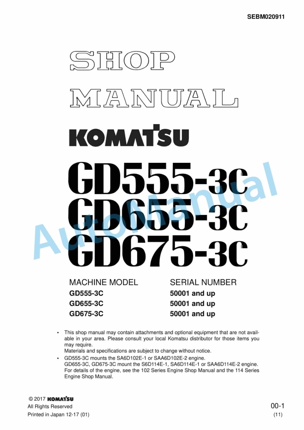 Komatsu GD555-3C, GD655-3C, GD675-3C Motor Grader Shop Manual SEBM020911