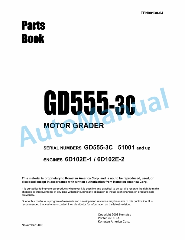 Komatsu GD555-3C Motor Grader Parts Manual FEN00130-04