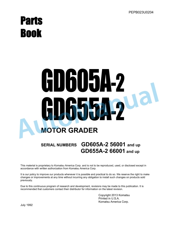 Komatsu GD605A-2, GD655A-2 Motor Grader Parts Manual PEPB023U0204
