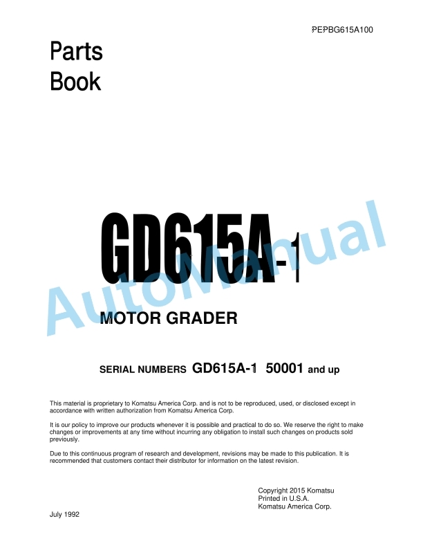 Komatsu GD615A-1 Motor Grader Parts Manual PEPBG615A100