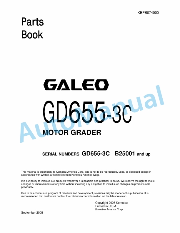 Komatsu GD655-3C Galeo Motor Grader Parts Manual KEPB074000