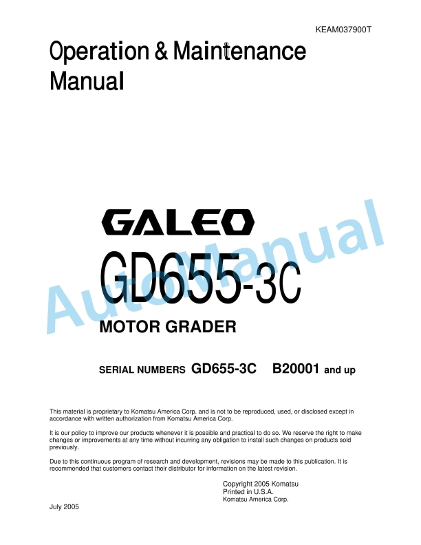 Komatsu GD655-3C Motor Grader Operation and Maintenance Manual KEAM037900T