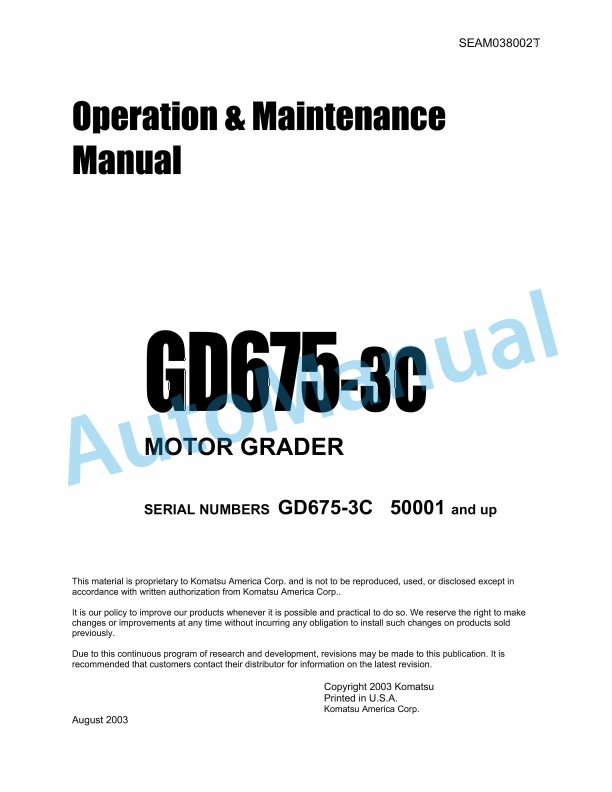 Komatsu GD675-3C Motor Grader Operation and Maintenance Manual SEAM038002T