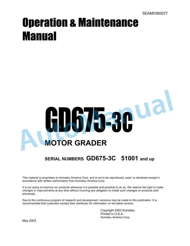 Komatsu GD675-3C Motor Grader Operation and Maintenance Manual SEAM038003T