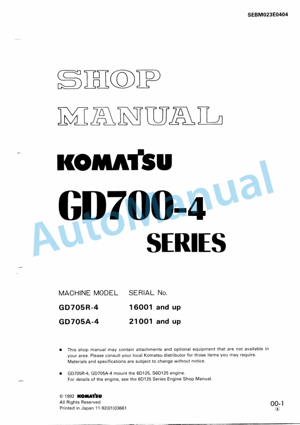 Komatsu GD700-4 Series Shop Manual SEBM023E0404