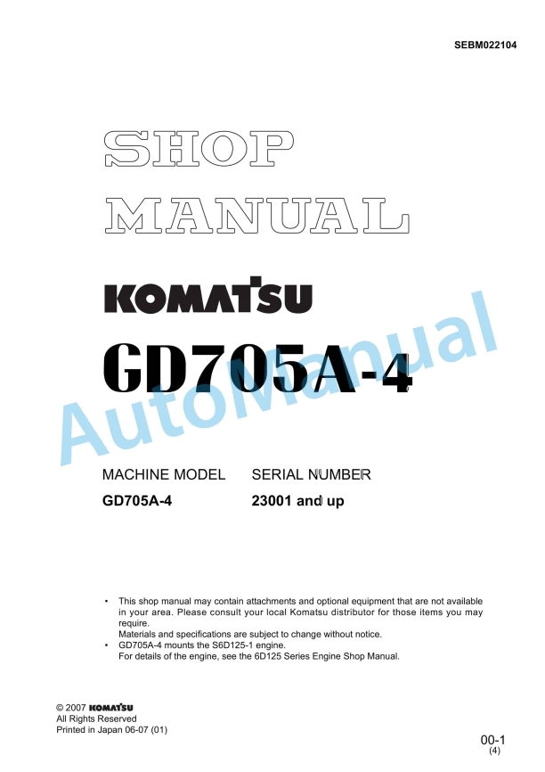 Komatsu GD705A-4 Motor Grader Shop Manual SEBM022104