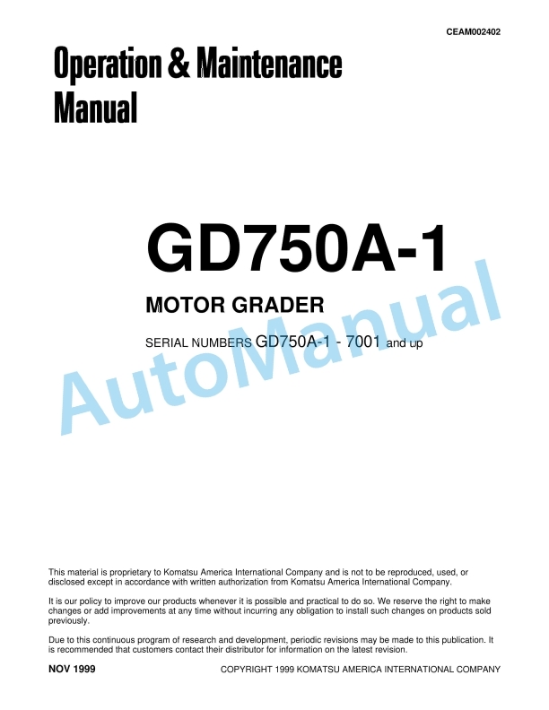 Komatsu GD750A-1 Motor Grader Operation and Maintenance Manual CEAM002402