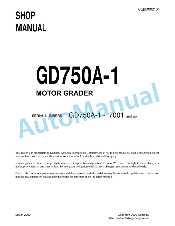 Komatsu GD750A-1 Motor Grader Shop Manual CEBD002104