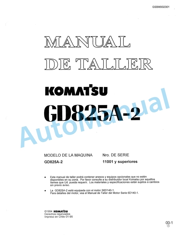 Komatsu GD825A-2 Motor Grader Shop Manual GSBM002301