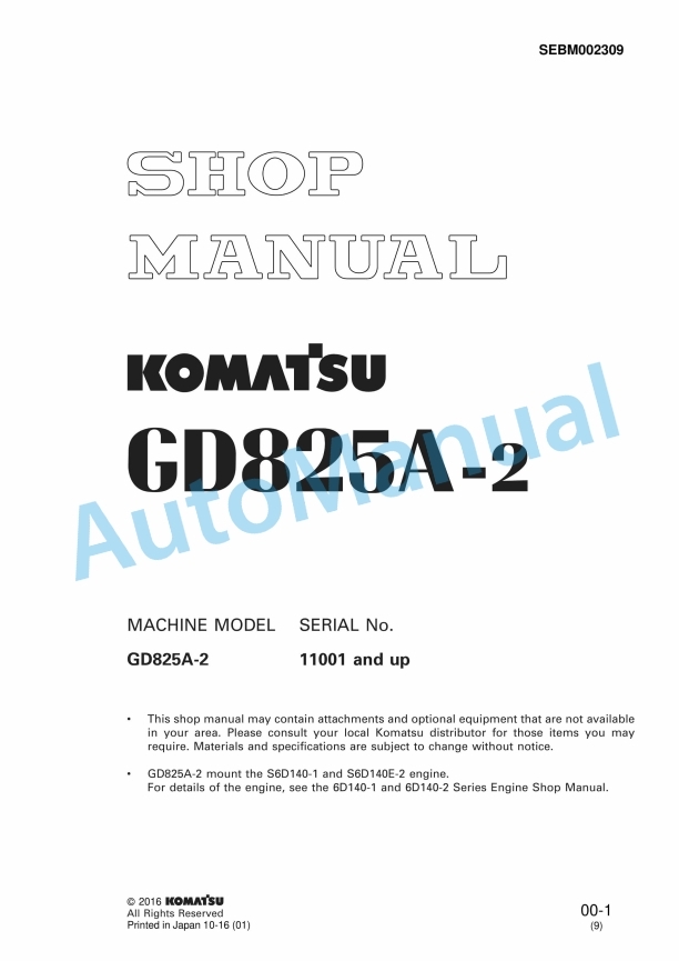 Komatsu GD825A-2 Motor Grader Shop Manual SEBM002309
