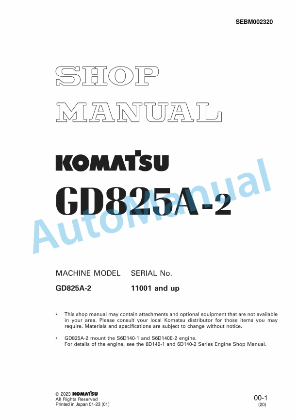 Komatsu GD825A-2 Motor Grader Shop Manual SEBM002320