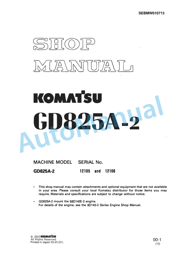 Komatsu GD825A-2 Motor Grader Shop Manual SEBMW010713