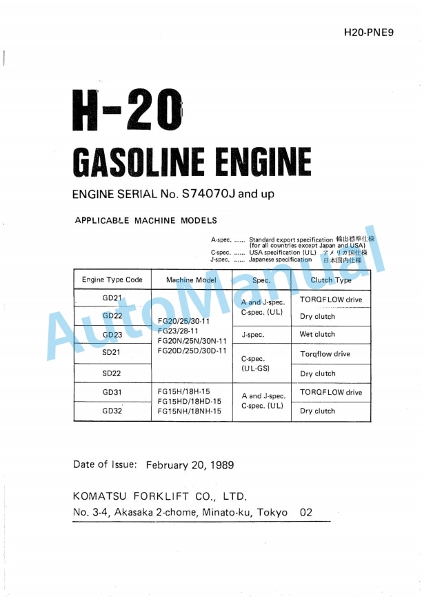 Komatsu H-20 Gasoline Engine Parts Manual H20-PNE9