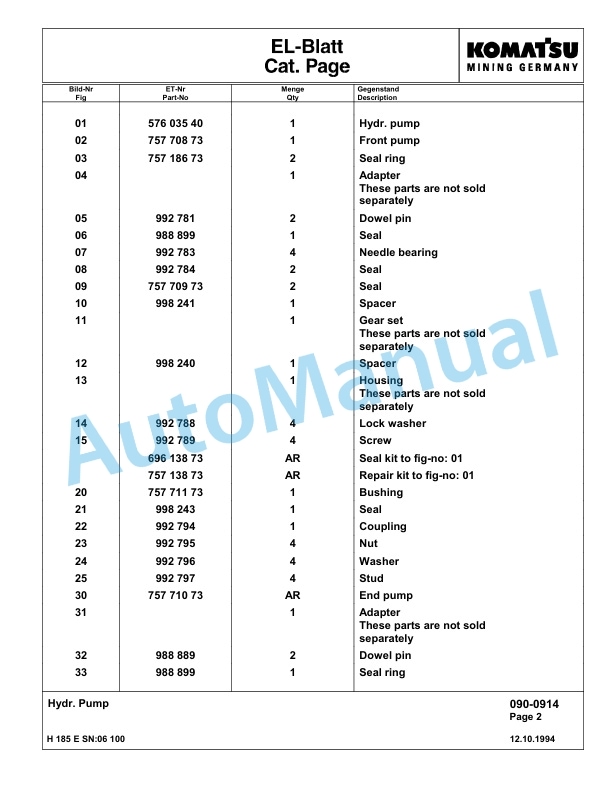 Komatsu H185E Hydraulic Mining Excavator Parts Manual G06100-2