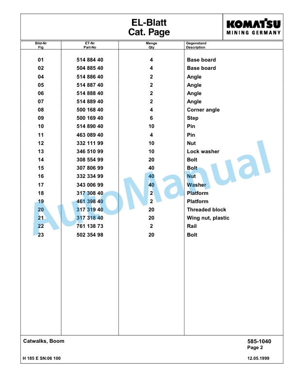 Komatsu H185E Hydraulic Mining Excavator Parts Manual G06100-3