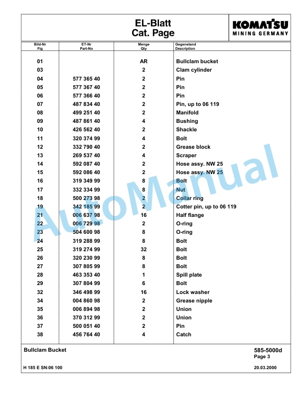 Komatsu H185E Hydraulic Mining Excavator Parts Manual G06100-5
