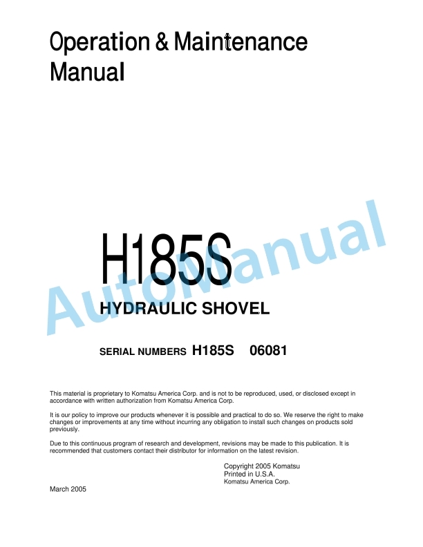 Komatsu H185S Hydraulic Shovel Operation and Maintenance Manual H185S06081OMM