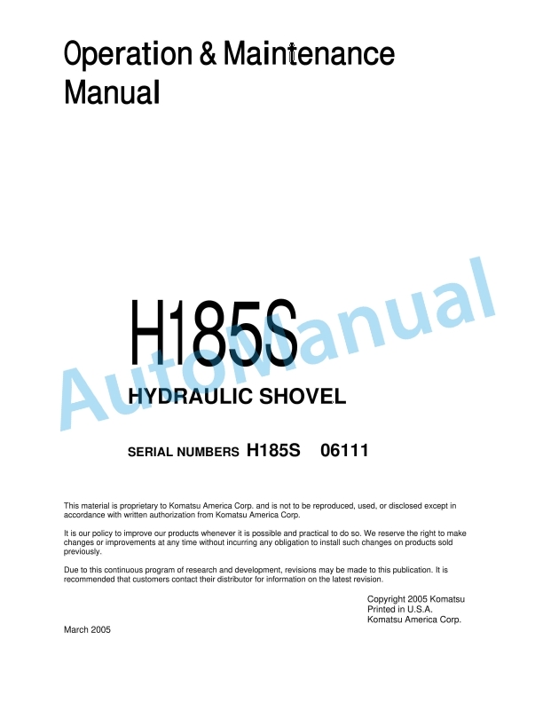 Komatsu H185S Hydraulic Shovel Operation and Maintenance Manual H185S06111OMM