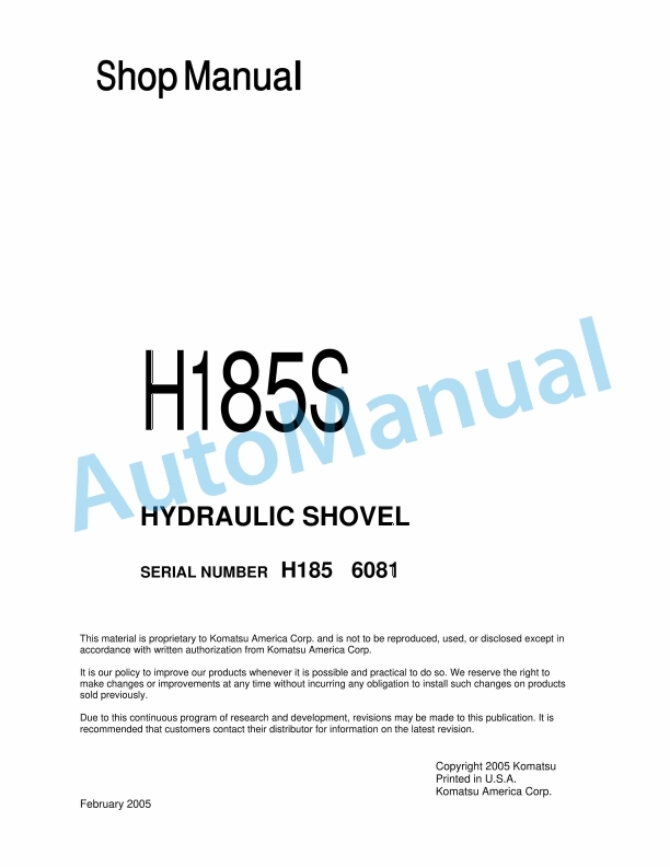 Komatsu H185S Hydraulic Shovel Shop Manual H185S06081SM
