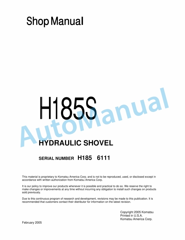 Komatsu H185S Hydraulic Shovel Shop Manual H185S06111SM