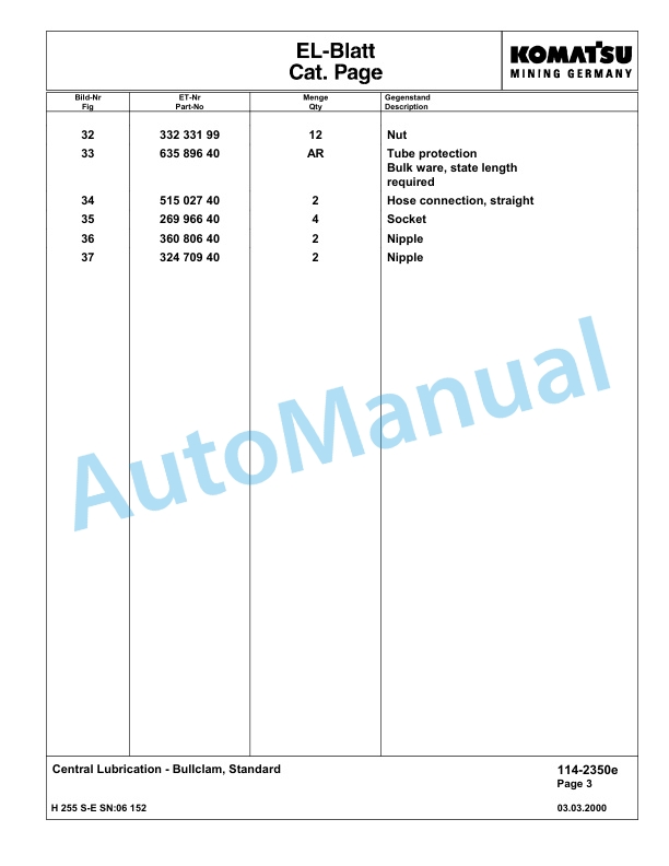 Komatsu H255S-E Hydraulic Mining Excavator Parts Manual G06152-2