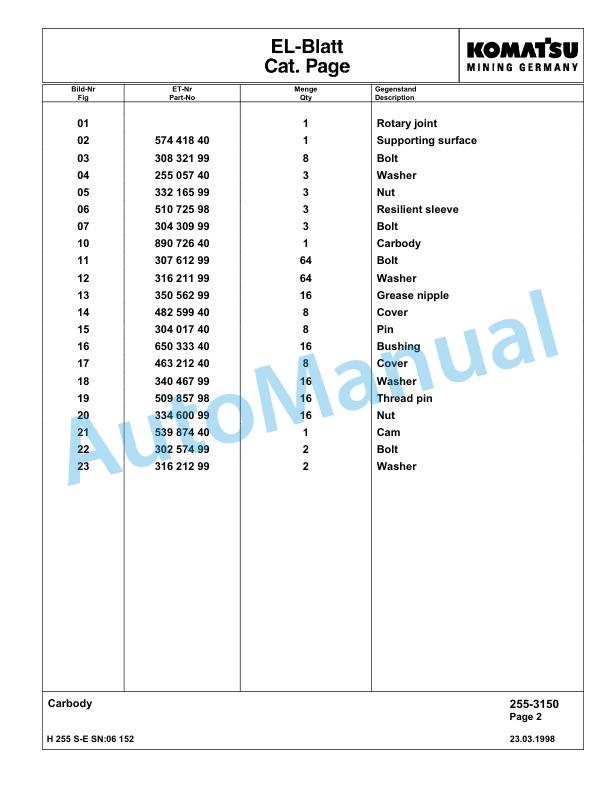 Komatsu H255S-E Hydraulic Mining Excavator Parts Manual G06152-3