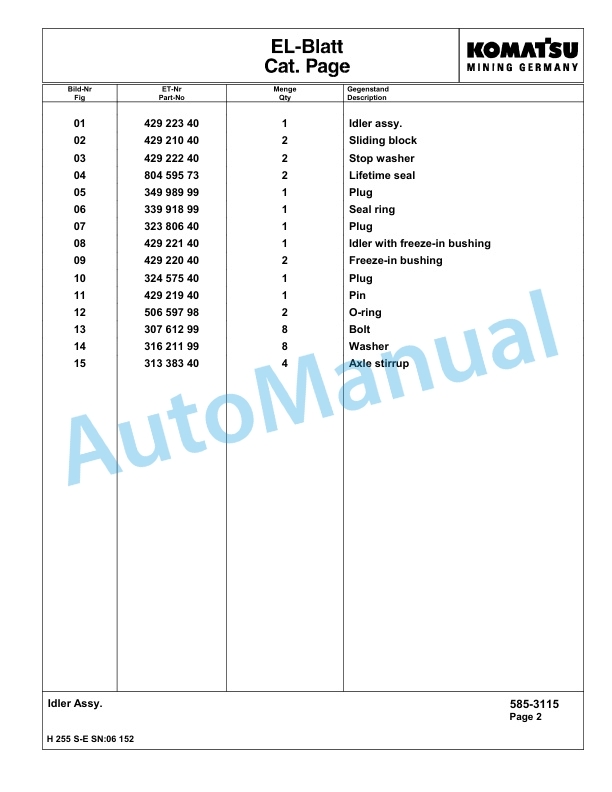 Komatsu H255S-E Hydraulic Mining Excavator Parts Manual G06152-5