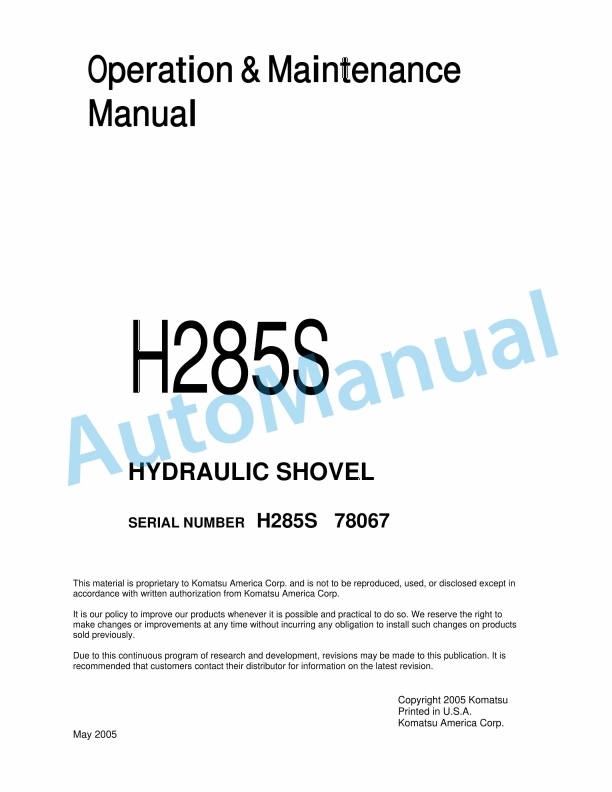 Komatsu H285S Hydraulic Shovel Operation and Maintenance Manual H285S78067OMM
