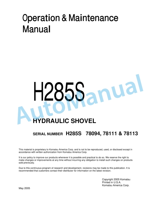 Komatsu H285S Hydraulic Shovel Operation and Maintenance Manual H285S78094OMM