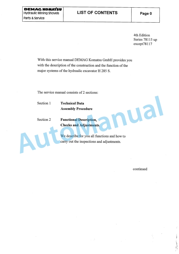 Komatsu H285S Hydraulic Shovel Service Manual H285S78115SM