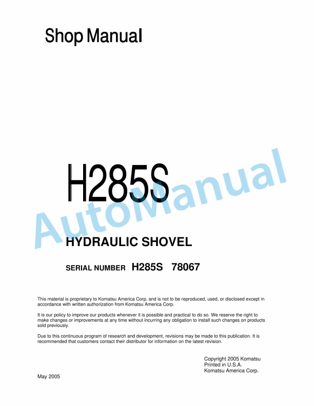 Komatsu H285S Hydraulic Shovel Shop Manual H285S78067SM