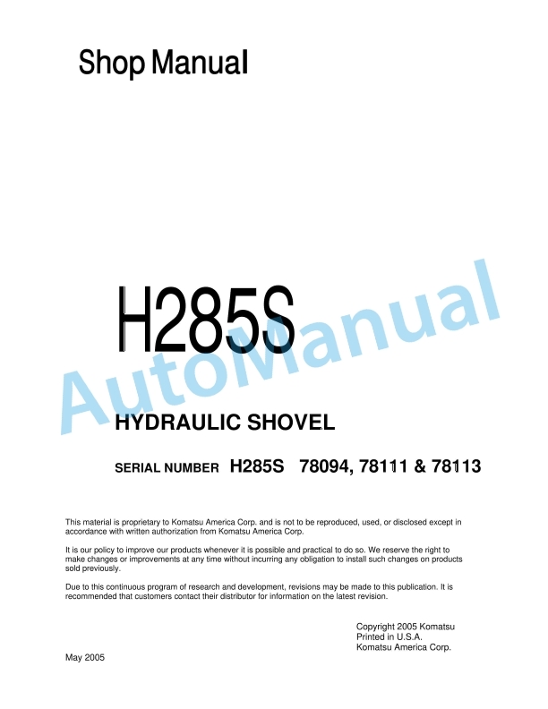 Komatsu H285S Hydraulic Shovel Shop Manual H285S78094SM