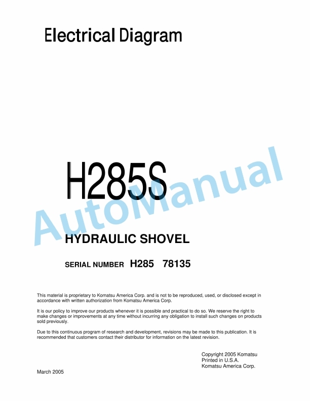 Komatsu H285S Hydraulic Shovel Shop Manual H285S78135SM
