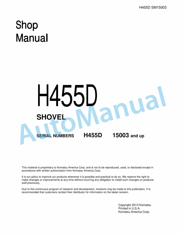 Komatsu H455D Hydraulic Mining Shovel Shop Manual H455D SM 15003