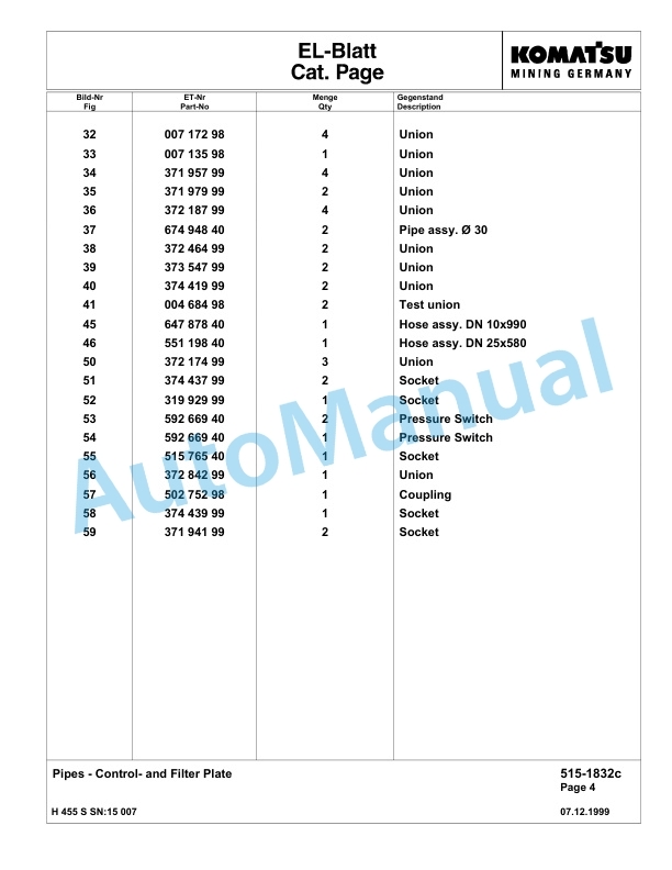 Komatsu H455E Hydraulic Mining Excavator Parts Manual G15007-3