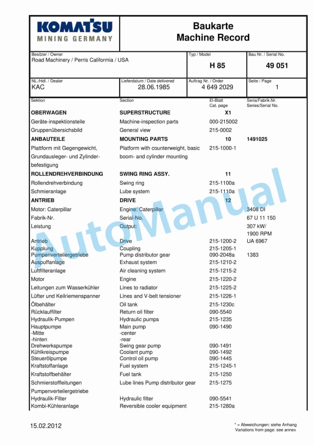 Komatsu H85 Mining Excavator Parts Book 46492029