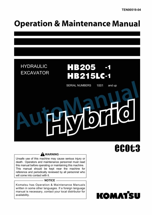 Komatsu HB205-1, HB215LC-1 Hybrid Hydraulic Excavator Operation and Maintenance Manual TEN00519-04