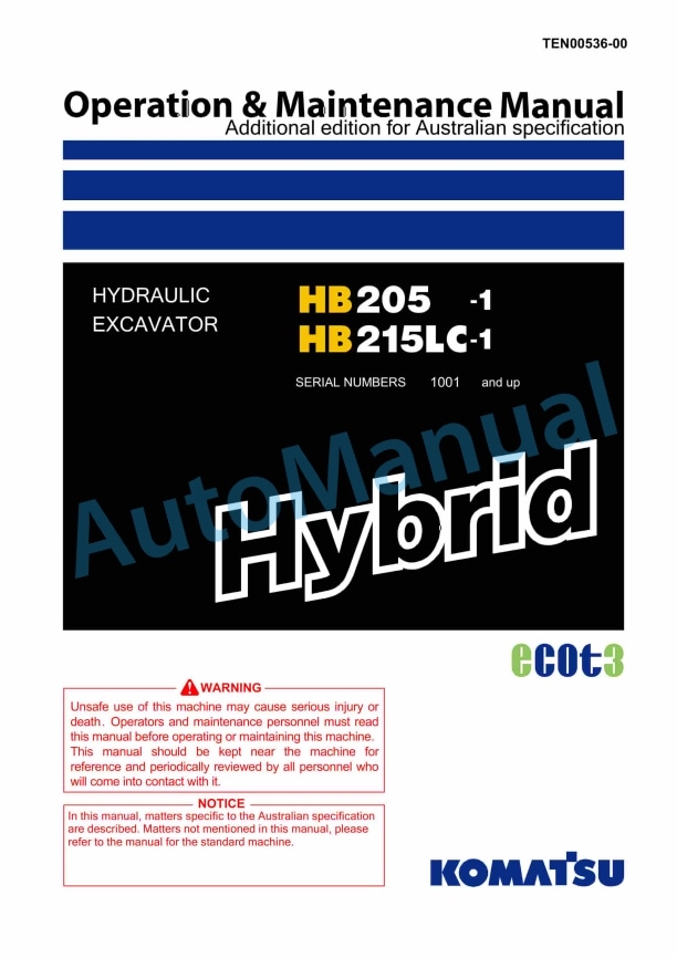 Komatsu HB205-1, HB215LC-1 Hybrid Hydraulic Excavator Operation and Maintenance Manual TEN00536-00