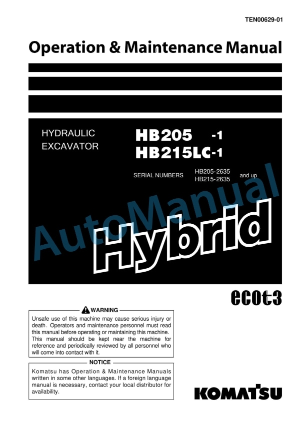 Komatsu HB205-1, HB215LC-1 Hybrid Hydraulic Excavator Operation and Maintenance Manual TEN00629-01