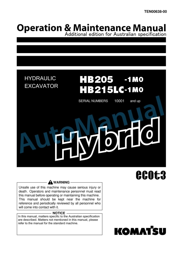 Komatsu HB205-1M0, HB215LC-1M0 Hybrid Hydraulic Excavator Operation and Maintenance Manual TEN00638-00