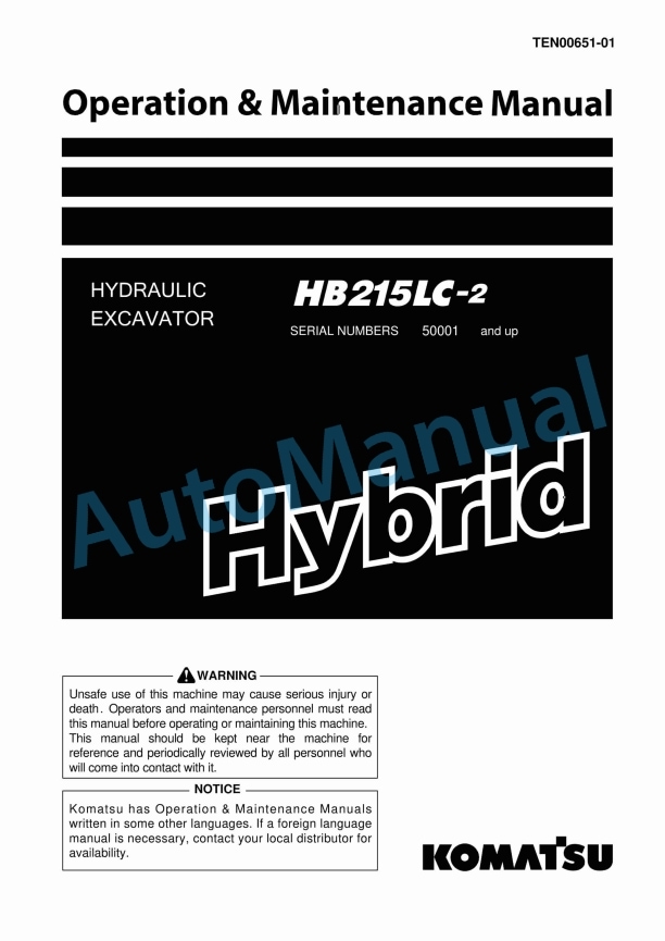 Komatsu HB215LC-2 Hybrid Hydraulic Excavator Operation and Maintenance Manual TEN00651-01
