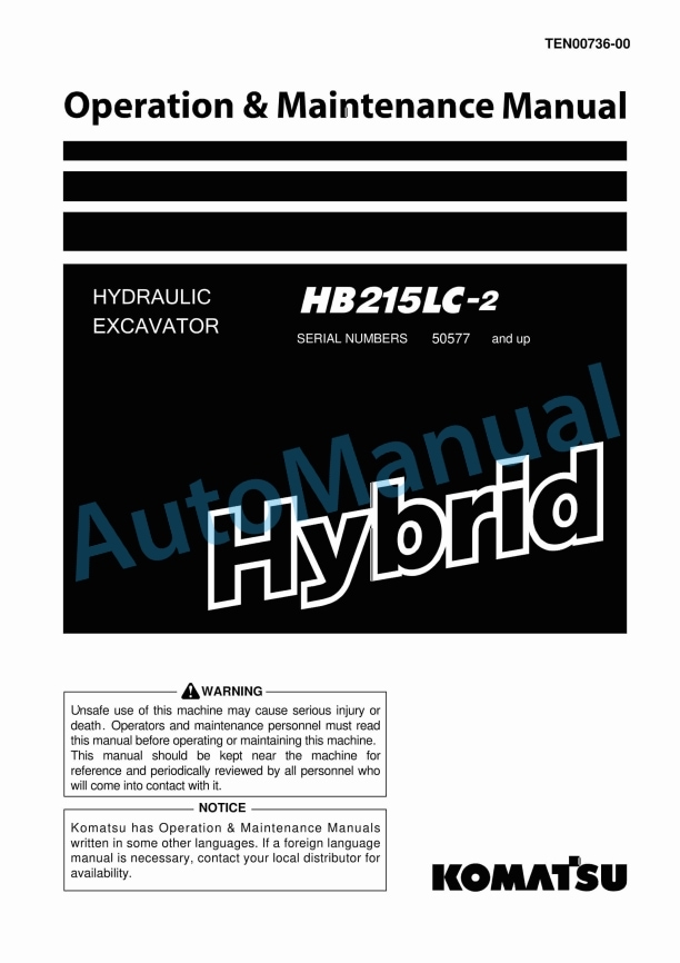 Komatsu HB215LC-2 Hybrid Hydraulic Excavator Operation and Maintenance Manual TEN00736-00
