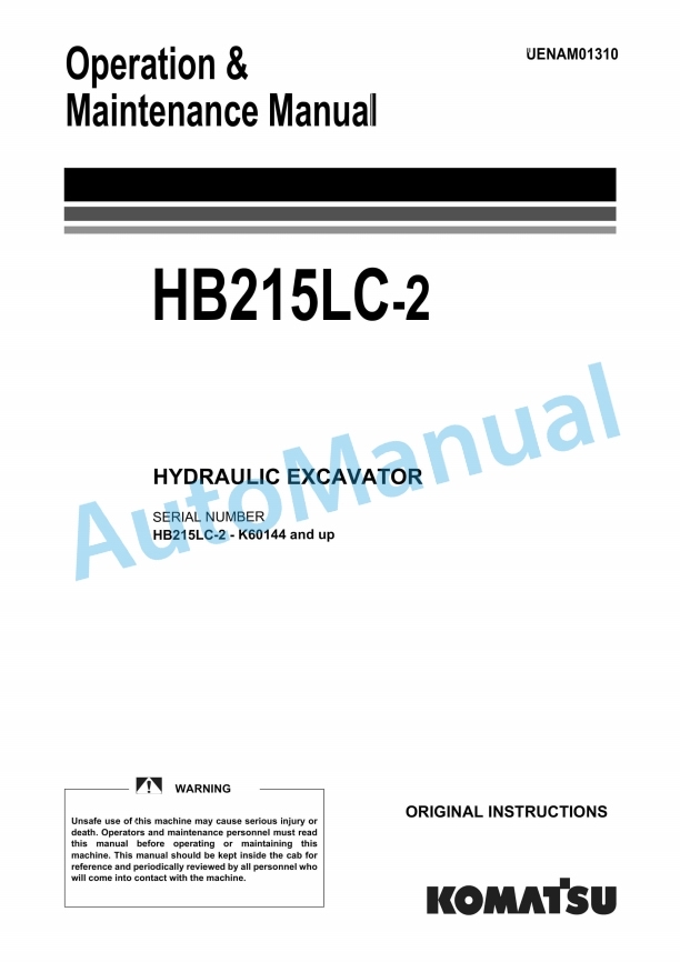 Komatsu HB215LC-2 Hydraulic Excavator Operation and Maintenance Manual UENAM01310