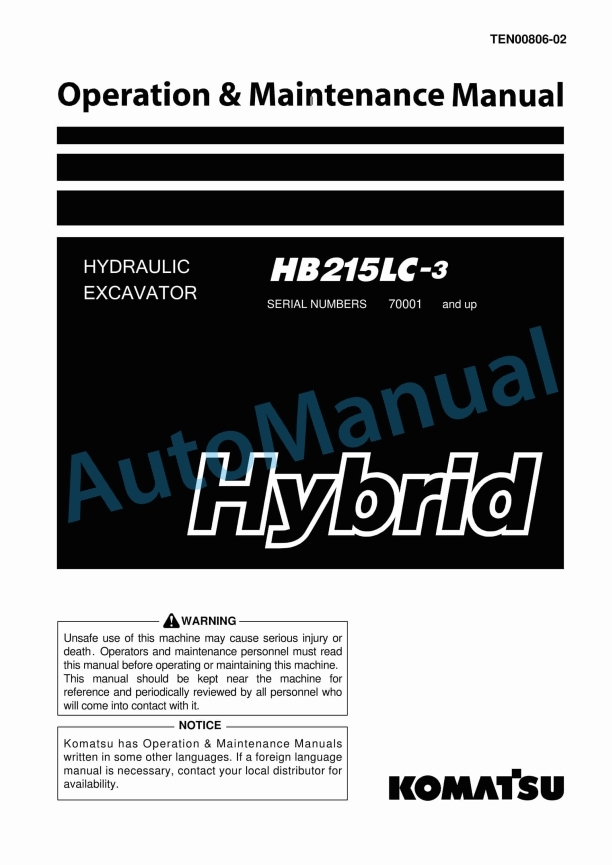 Komatsu HB215LC-3 Hybrid Hydraulic Excavator Operation and Maintenance Manual TEN00806-02