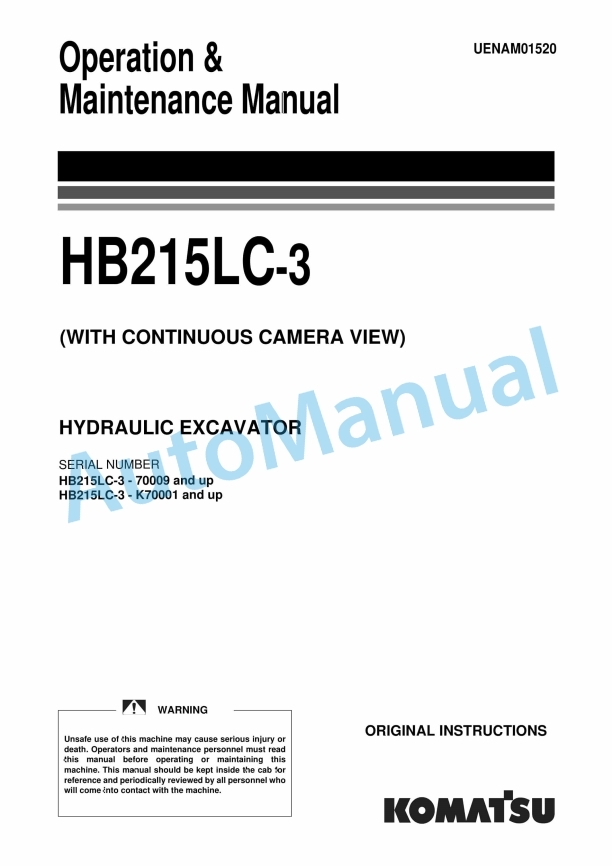 Komatsu HB215LC-3 Hydraulic Excavator Operation and Maintenance Manual UENAM01520