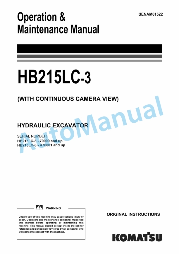 Komatsu HB215LC-3 Hydraulic Excavator Operation and Maintenance Manual UENAM01522