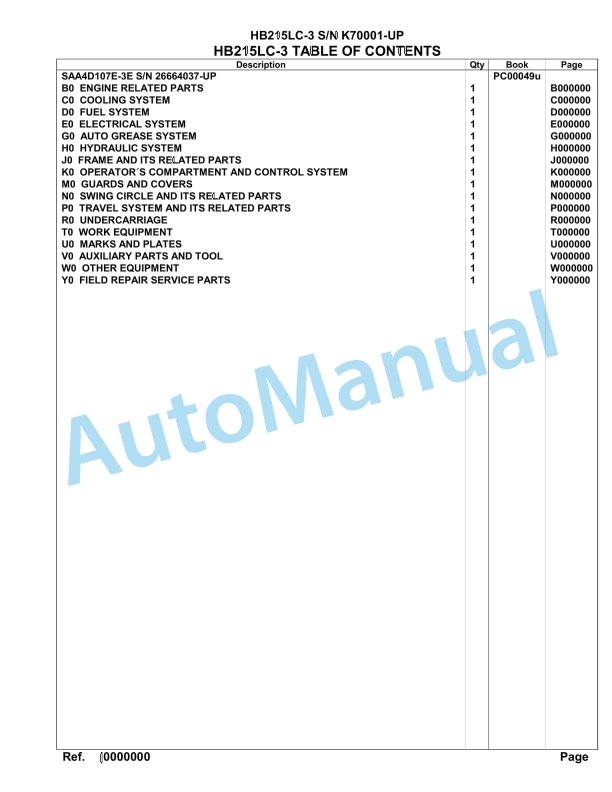 Komatsu HB215LC-3 Parts Manual K70001-UP