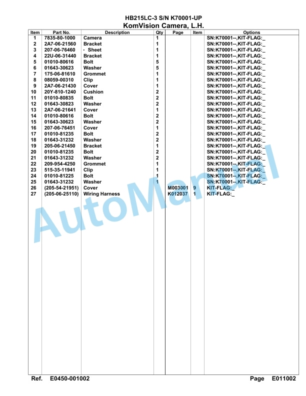 Komatsu HB215LC-3 Parts Manual K70001-UP-2