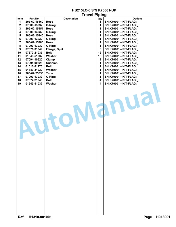 Komatsu HB215LC-3 Parts Manual K70001-UP-3