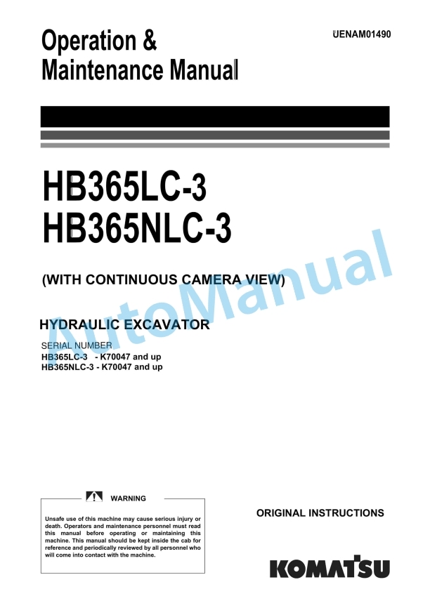Komatsu HB365LC-3, HB365NLC-3 Hydraulic Excavator Operation and Maintenance Manual UENAM01490